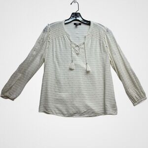 Womens PAIGE White Blouse Size M Tassel Tie Smocked Swiss Dot Boho Fairy
